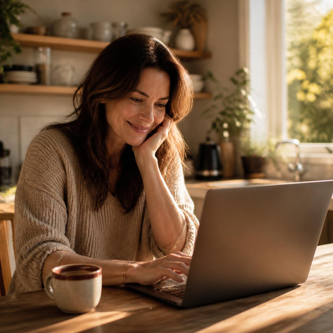 A small business owner smiling while working on a laptop at her kitchen table