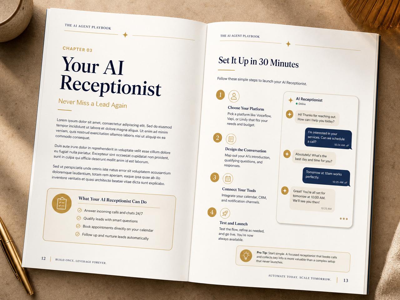 An open spread of the AI Agent Playbook showing Chapter 03: Your AI Receptionist